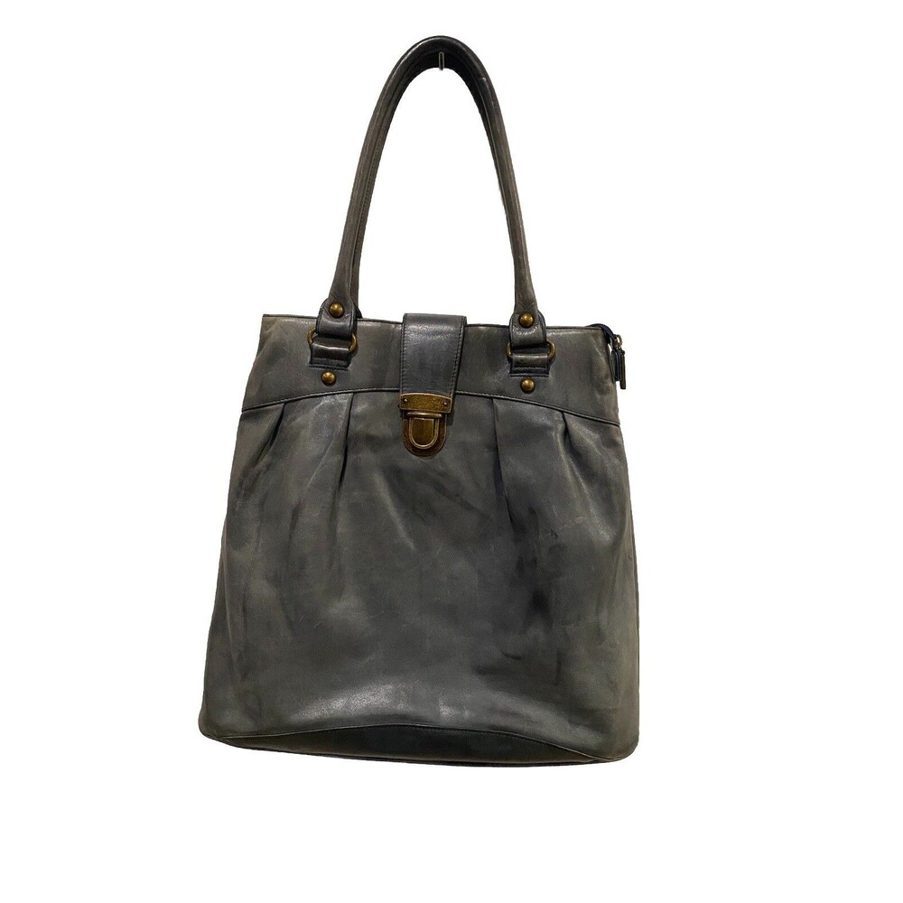 Hobo International Tote Bag Large Gray Leather Shoulder Carry All buckle Closure
